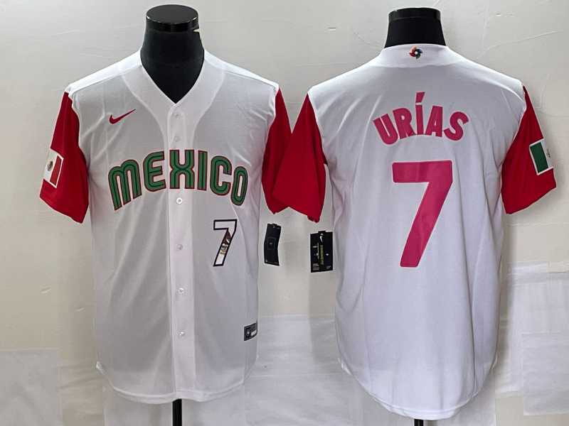 Mens Mexico Baseball #7 Julio Urias Number 2023 White Red World Classic Stitched Jersey 29